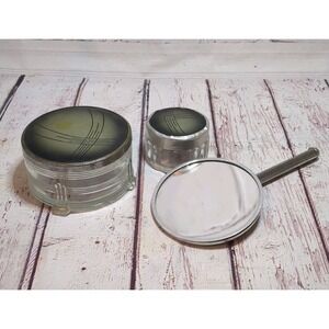 Vtg Art Deco Style Vanity Accessories Set Of 2‎ Glass Jars And Hand Mirror